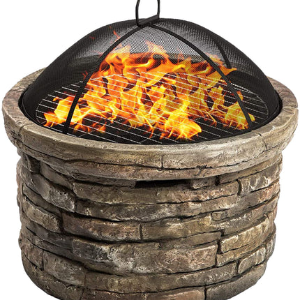 Centurion Supports Fireology SAMUI Khaki Majestic Garden and Patio Heater Fire Pit Brazier and Barbecue with Eco-Stone Finish and Cover