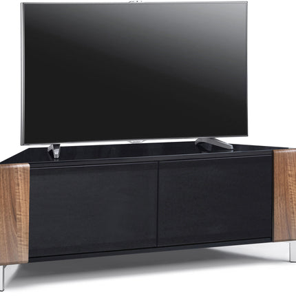 MDA Designs CORVUS Corner-Friendly Gloss Black Contemporary Cabinet with Walnut Profiles Black BeamThru Glass Doors Suitable for Flat Screen TVs up to 50"