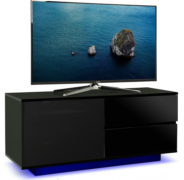 Centurion Supports Gallus ULTRA Remote Friendly Beam-Thru Gloss Black with 2-Black Drawers 32"-55" LED/OLED/LCD TV Cabinet with 16 colour LED Lights