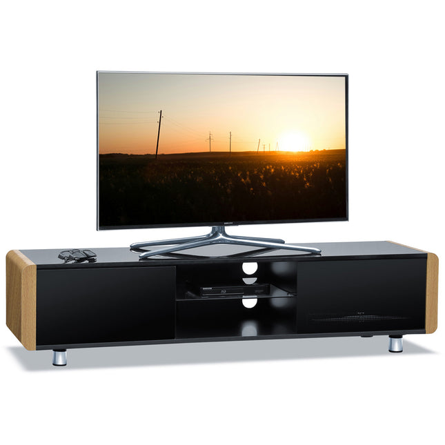 Centurion Supports CAPRI Gloss Black with Oak Sides Beam-Thru Remote Friendly 32"-65" Flat Screen TV Cabinet