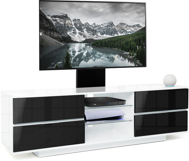 Centurion Supports Avitus Gloss White with 4-Black Drawers and 3-Shelves up to 65" LED, LCD, Plasma TV Stand with Mounting Arm