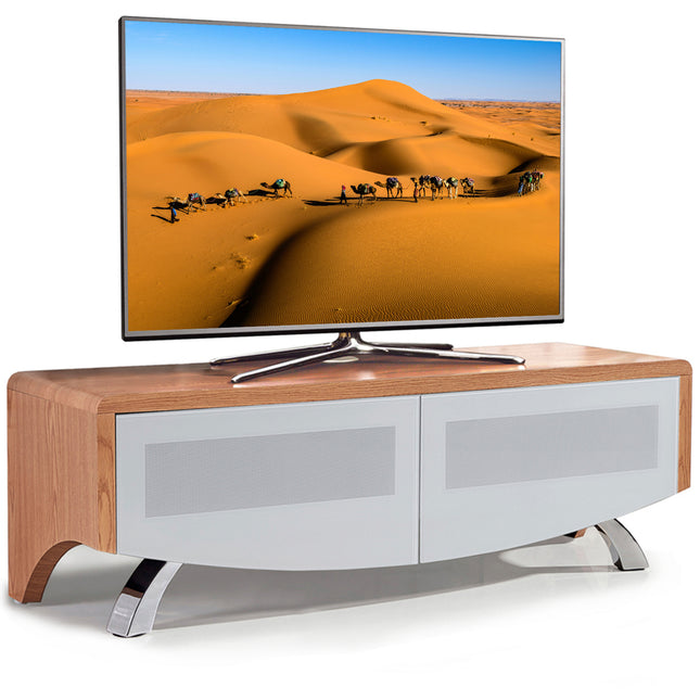 MDA Designs WAVE 1200 Oak with White Glass Hybrid BeamThru Remote-Friendly up to 60" Flat Screen Tv Cabinet