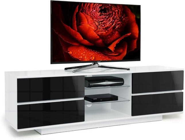 Centurion Supports Avitus Gloss White with 4-Black Drawers and 3-Shelves up to 65" Flat Screen TV Stand