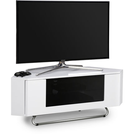 Centurion Supports Hampshire Corner-Friendly Gloss White with Black Contrast Beam-Thru Remote Friendly Door 26"-50" Flat Screen TV Cabinet