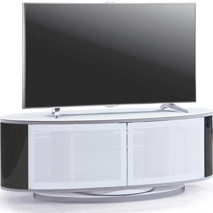 MDA Designs LUNA Gloss White Oval Cabinet with Black Profiles and White BeamThru Glass Doors Suitable for Flat Screen TVs up to 50"