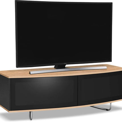 Centurion Supports Caru Gloss Black and Oak Beam-Thru Remote Friendly Super-Contemporary "D" Shape Design 32"-65" LED/OLED/LCD TV Cabinet - Grade A