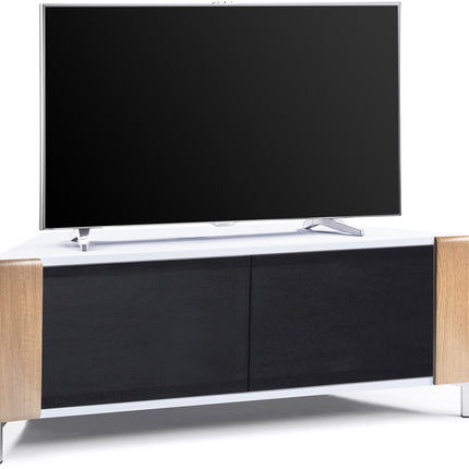 MDA Designs CORVUS Corner-Friendly Gloss White Contemporary Cabinet with Oak Profiles Black BeamThru Glass Doors Suitable for Flat Screen TVs up to 50"