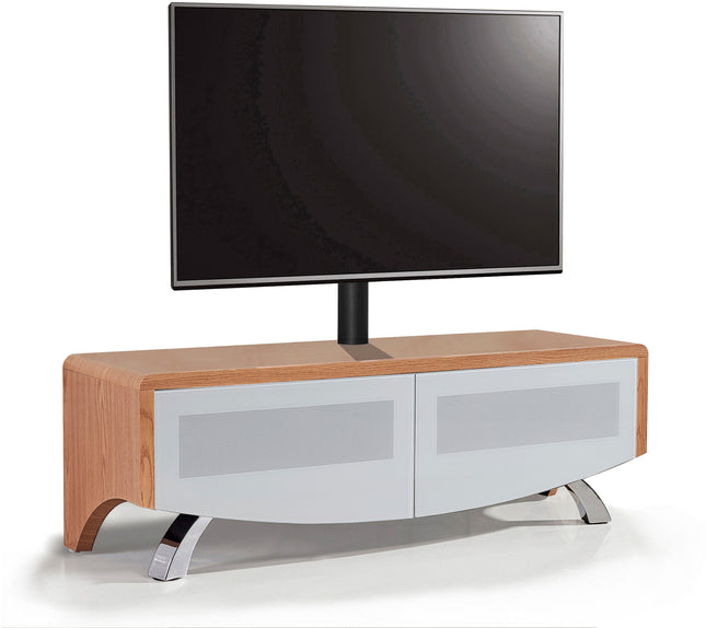 MDA Designs WAVE 1200 Oak with White Glass Hybrid BeamThru Remote-Friendly up to 60" Flat Screen Tv Cabinet with Mounting Bracket