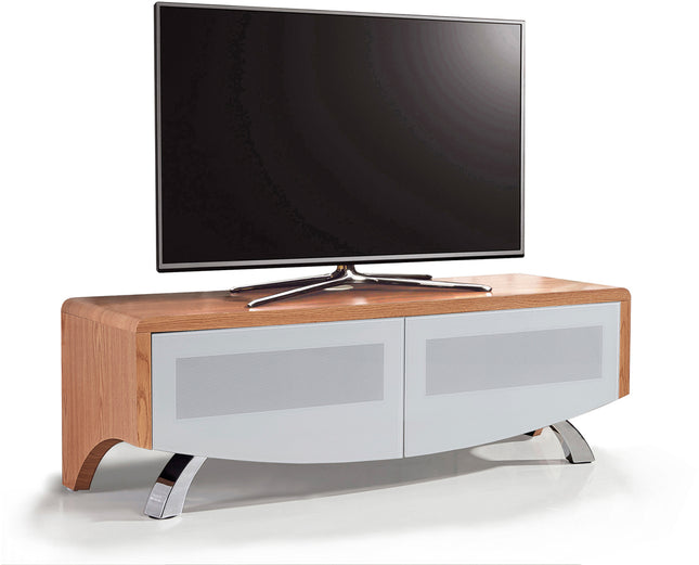 MDA Designs WAVE 1200 Oak with White Glass Hybrid BeamThru Remote-Friendly up to 60" Flat Screen Tv Cabinet