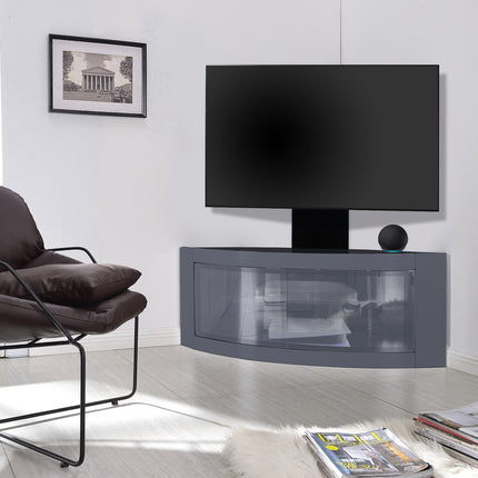 Centurion Supports PANGEA Grey Beam-Thru Curved True-Corner 32"-50" TV Cabinet with Mounting Arm