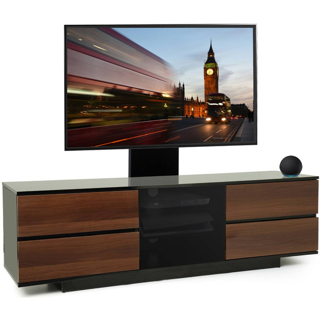 Centurion Supports AVITUS ULTRA Gloss Black Remote Friendly BeamThru Door with 4-Walnut Drawers up to 65" Flat Screen TV Cabinet with Mounting Arm