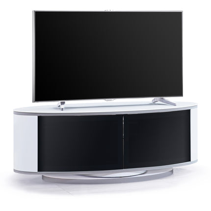 MDA Designs LUNA Gloss White Oval Cabinet with White Profiles Black BeamThru Glass Doors Suitable for Flat Screen TVs up to 50"