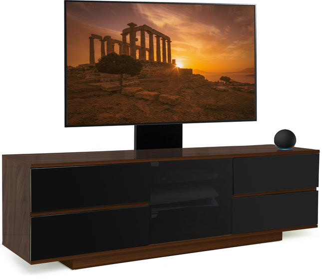 Centurion Supports AVITUS ULTRA Walnut Remote Friendly BeamThru Door with 4-Black Drawers up to 65" Flat Screen TV Cabinet with Mounting Arm