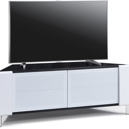 MDA Designs CORVUS Corner-Friendly Gloss Black Contemporary Cabinet with White Profiles White BeamThru Glass Doors Suitable for Flat Screen TVs up to 50"