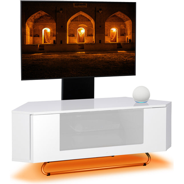 Centurion Supports Hampshire Corner-Friendly White with White Beam-Thru Remote Friendly Door 26"-50" Flat Screen TV Cabinet with LED Lights and Mounting Arm