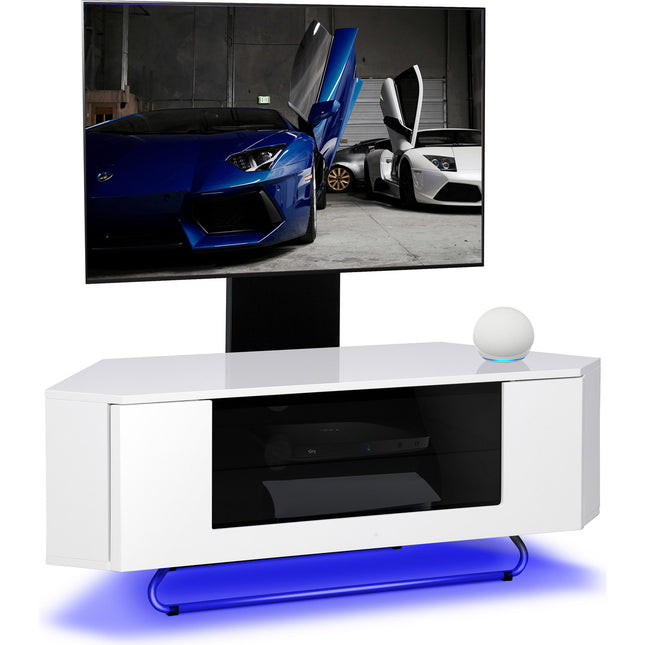 Centurion Supports Hampshire Corner-Friendly White with Black Beam-Thru Remote Friendly Door 26"-50" Flat Screen TV Cabinet with LED Lights and Mounting Arm