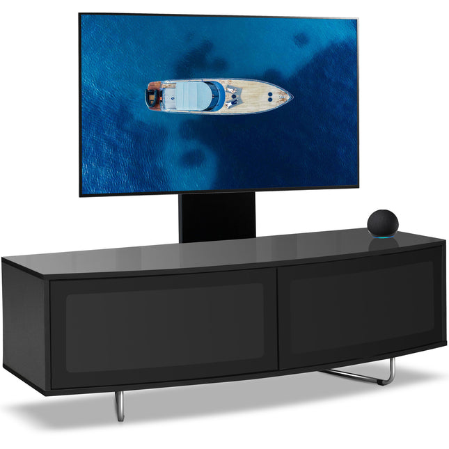 Centurion Supports Caru Gloss Black Beam-Thru Remote Friendly Super-Contemporary "D" Shape Design 32"-65" LED/OLED/LCD TV Cabinet with Mounting Arm