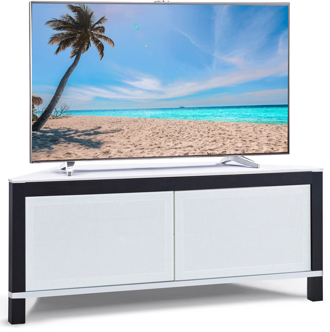 MDA Designs VOLANS Tru-Corner Remote Friendly Doors White/Black Reversible Panel LCD/Plasma/LED TV up to 42" Corner TV Cabinet