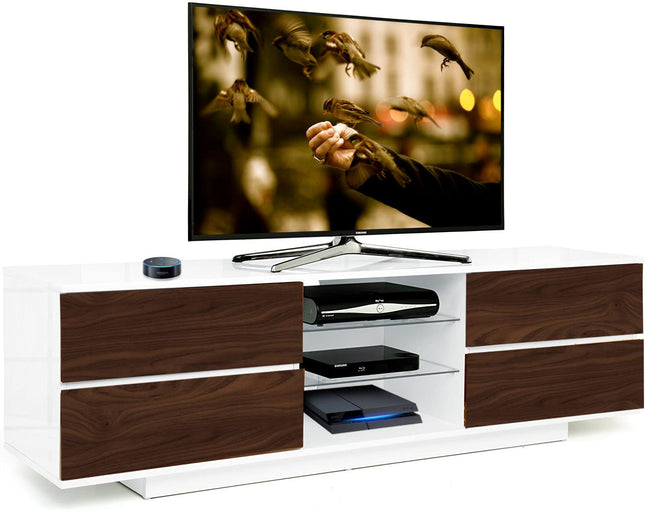 Centurion Supports Avitus Gloss White TV Stand  with 4 Walnut Drawers and 2 Glass Shelves TV up to 65" Cabinet