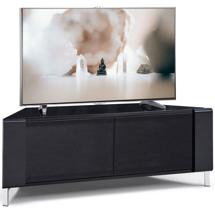 MDA Designs CORVUS Corner-Friendly Gloss Black Contemporary Cabinet with Black Profiles Black BeamThru Glass Doors Suitable for Flat Screen TVs up to 50"