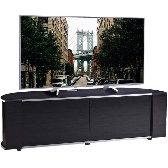 MDA Designs Sirius 1600 TV Cabinet Gloss Black Stand with BEAMTHRU Remote-Friendly Glass Door, Silver Trims, Cable Management and Storage for LED, LCD, OLED & Plasma TVs up to 70” TV Unit