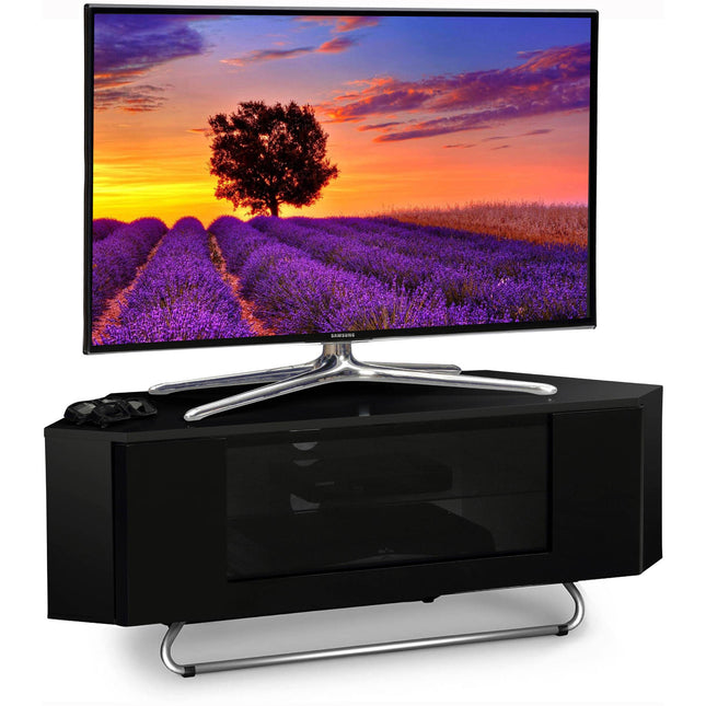 Centurion Supports Hampshire Corner-Friendly Gloss Black with Black Beam-Thru Remote Friendly Door and Silver Feet 26"-50" Flat Screen TV Cabinet