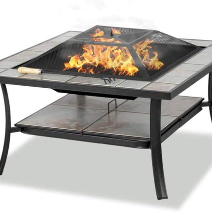 Centurion Supports SHANGO Premium Multi-Functional Black with Ceramic Tiles Outdoor Garden and Patio Square Heater Fire Pit Brazier and Outdoor Table