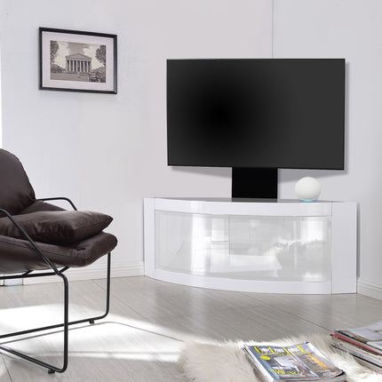 Centurion Supports PANGEA Gloss White Beam-Thru Curved True-Corner 32"-50" TV Cabinet with Mounting Arm