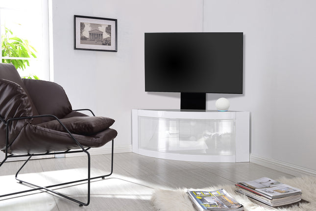 Centurion Supports PANGEA Gloss White Beam-Thru Curved True-Corner 32"-50" TV Cabinet with Mounting Arm