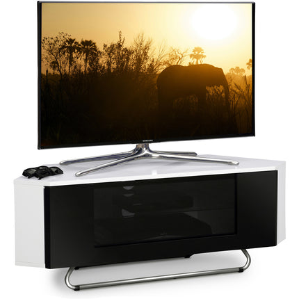 Centurion Supports Hampshire Corner-Friendly Gloss White with Black Contrast Beam-Thru Remote Friendly Door 26"-50" Flat Screen TV Cabinet