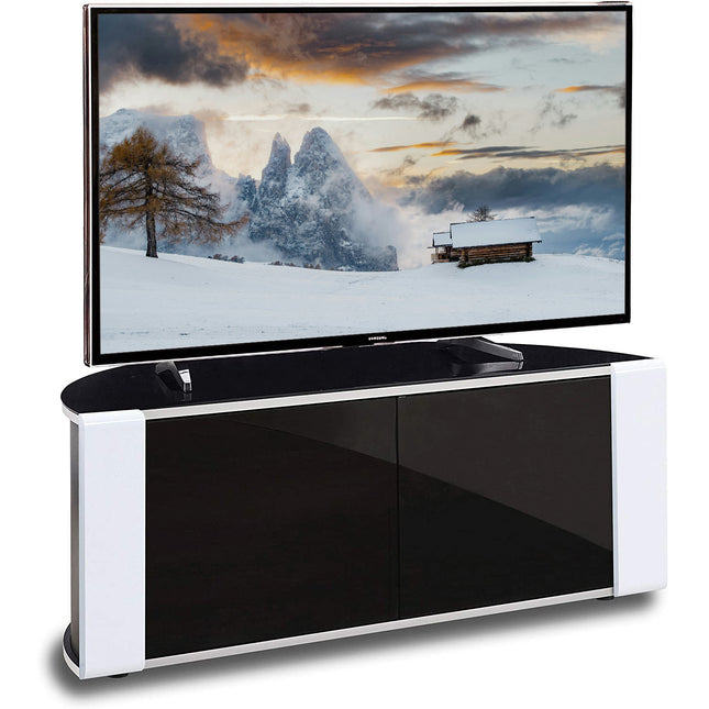 MDA Designs Sirius 850 Remote Friendly Beam Thru Glass Door Gloss Piano Black with White Front Profiles up to 40" LCD/Plasma/LED Cabinet TV Stand