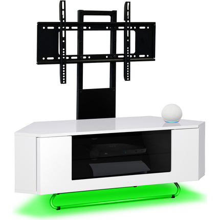 Centurion Supports Hampshire Corner-Friendly White with Black Beam-Thru Remote Friendly Door 26"-50" Flat Screen TV Cabinet with LED Lights and Mounting Arm