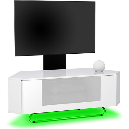 Centurion Supports Hampshire Corner-Friendly White with White Beam-Thru Remote Friendly Door 26"-50" Flat Screen TV Cabinet with LED Lights and Mounting Arm