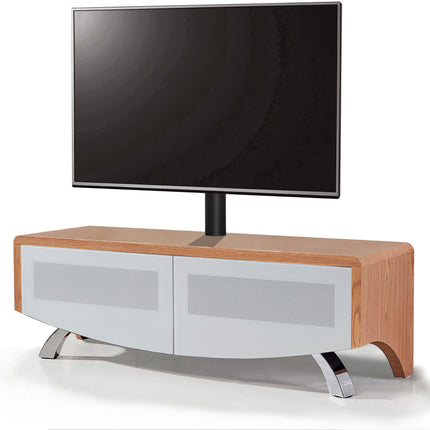 MDA Designs WAVE 1200 Oak with White Glass Hybrid BeamThru Remote-Friendly up to 60" Flat Screen Tv Cabinet with Mounting Bracket