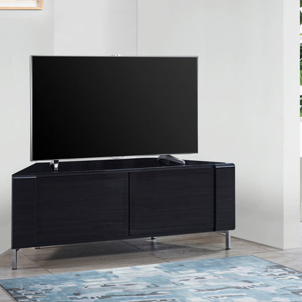 MDA Designs CORVUS Corner-Friendly Gloss Black Contemporary Cabinet with Black Profiles Black BeamThru Glass Doors Suitable for Flat Screen TVs up to 50"