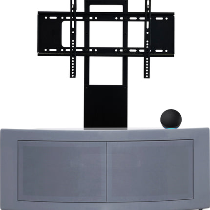 Centurion Supports PANGEA Grey Beam-Thru Curved True-Corner 32"-50" TV Cabinet with Mounting Arm