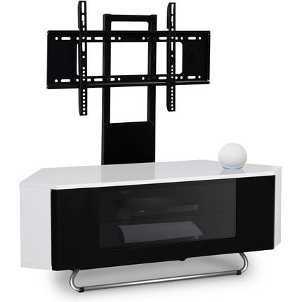 Centurion Supports Hampshire Corner-Friendly Gloss White with Black Contrast Beam-Thru Remote Friendly Door 26"-50" Flat Screen TV Cabinet with Mounting Arm