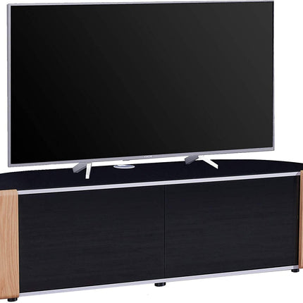 MDA Designs Sirius 1600 TV Cabinet Gloss Black Stand with BEAMTHRU Remote-Friendly Glass Door, Walnut/Oak Trims, Cable Management and Storage for LED, LCD, OLED & Plasma TVs up to 70” TV Unit