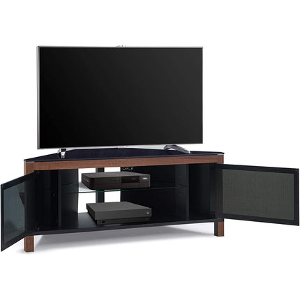 MDA Designs VOLANS Tru-Corner Remote Friendly Doors Walnut/Black Reversible Panel LCD/Plasma/LED TV up to 42" Corner TV Cabinet