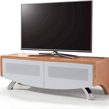 MDA Designs WAVE 1200 Oak with White Glass Hybrid BeamThru Remote-Friendly up to 60" Flat Screen Tv Cabinet