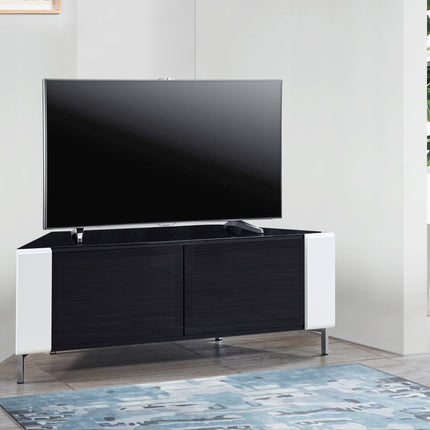 MDA Designs CORVUS Corner-Friendly Gloss Black Contemporary Cabinet with White Profiles Black BeamThru Glass Doors Suitable for Flat Screen TVs up to 50"