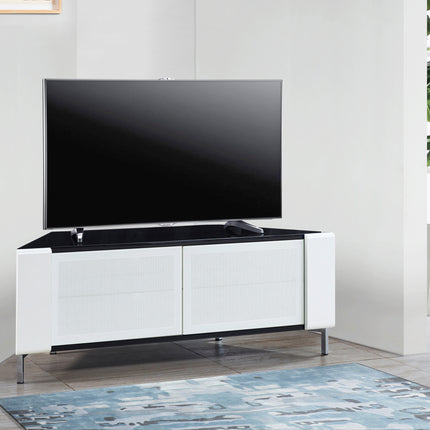 MDA Designs CORVUS Corner-Friendly Gloss Black Contemporary Cabinet with White Profiles White BeamThru Glass Doors Suitable for Flat Screen TVs up to 50"