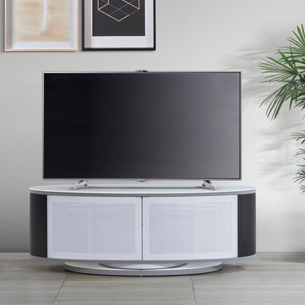 MDA Designs LUNA Gloss White Oval Cabinet with Black Profiles and White BeamThru Glass Doors Suitable for Flat Screen TVs up to 50"