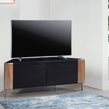 MDA Designs CORVUS Corner-Friendly Gloss Black Contemporary Cabinet with Walnut Profiles Black BeamThru Glass Doors Suitable for Flat Screen TVs up to 50"