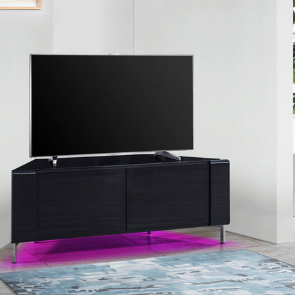 MDA Designs CORVUS Corner-Friendly Gloss Black Contemporary Cabinet with Black Side Profiles Black BeamThru Glass Doors Suitable for Flat Screen TVs up to 50" with 16 Colour LED Lights