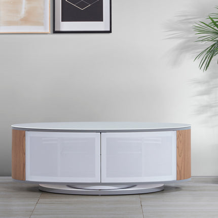 MDA Designs LUNA Gloss White Oval Cabinet with Oak Profiles White BeamThru Glass Doors Suitable for Flat Screen TVs up to 50"