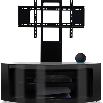 Centurion Supports PANGEA Gloss Black Beam-Thru Curved True-Corner 32"-50" TV Cabinet with Mounting Arm