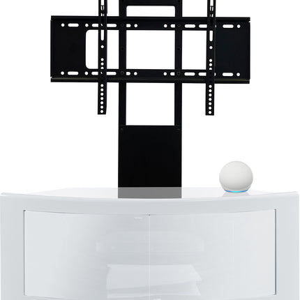 Centurion Supports PANGEA Gloss White Beam-Thru Curved True-Corner 32"-50" TV Cabinet with Mounting Arm