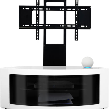 Centurion Supports PANGEA Black/White Beam-Thru Curved True-Corner 32"-50" TV Cabinet with Mounting Arm