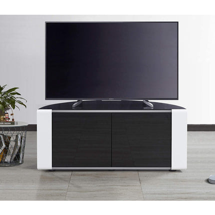 MDA Designs Sirius 850 Remote Friendly Beam Thru Glass Door Gloss Piano Black with White Front Profiles up to 40" LCD/Plasma/LED Cabinet TV Stand